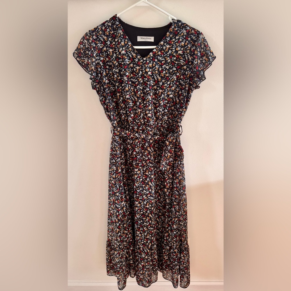 Manydress Floral Ruffle Sleeve Midi Dress Tie Waist Navy Floral Size Medium